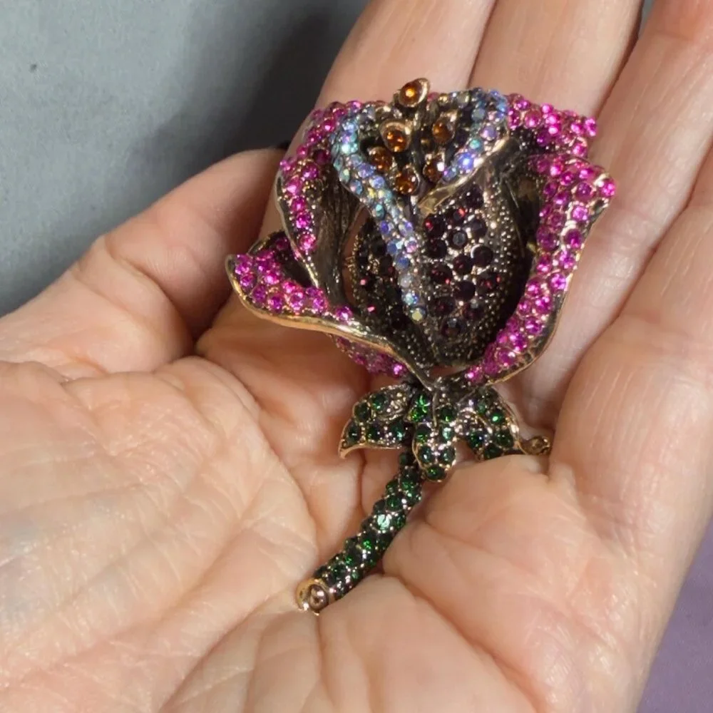 Rose Brooch Rhinestone 3D Flower Statement Pin 2.5 Inch